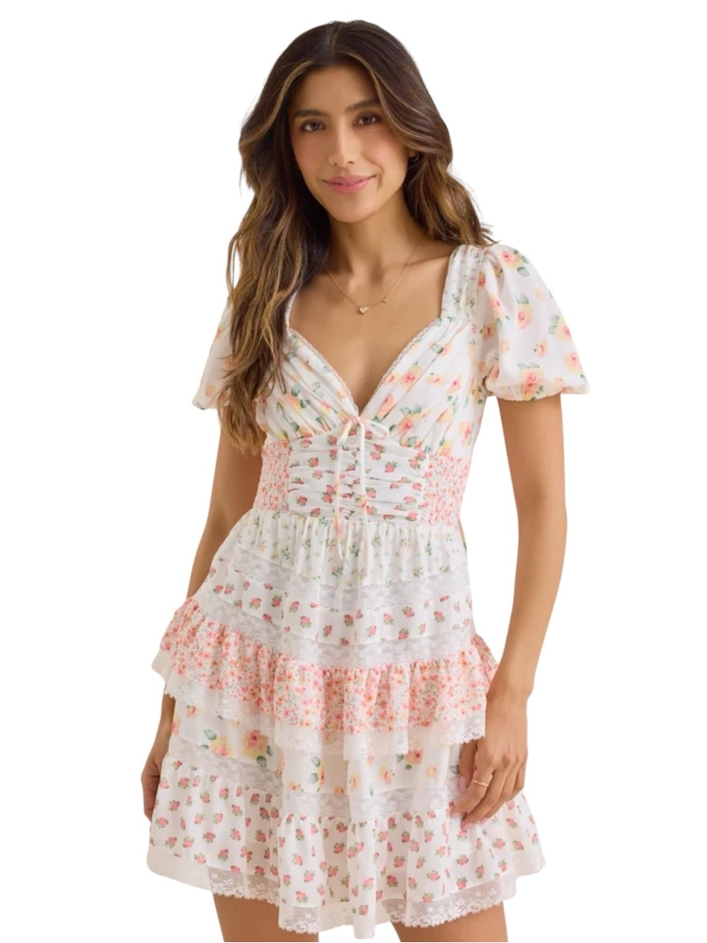 Altar’d State NWT Floral Tiered Mini Dress in White and Pink - Picture 9 of 10
